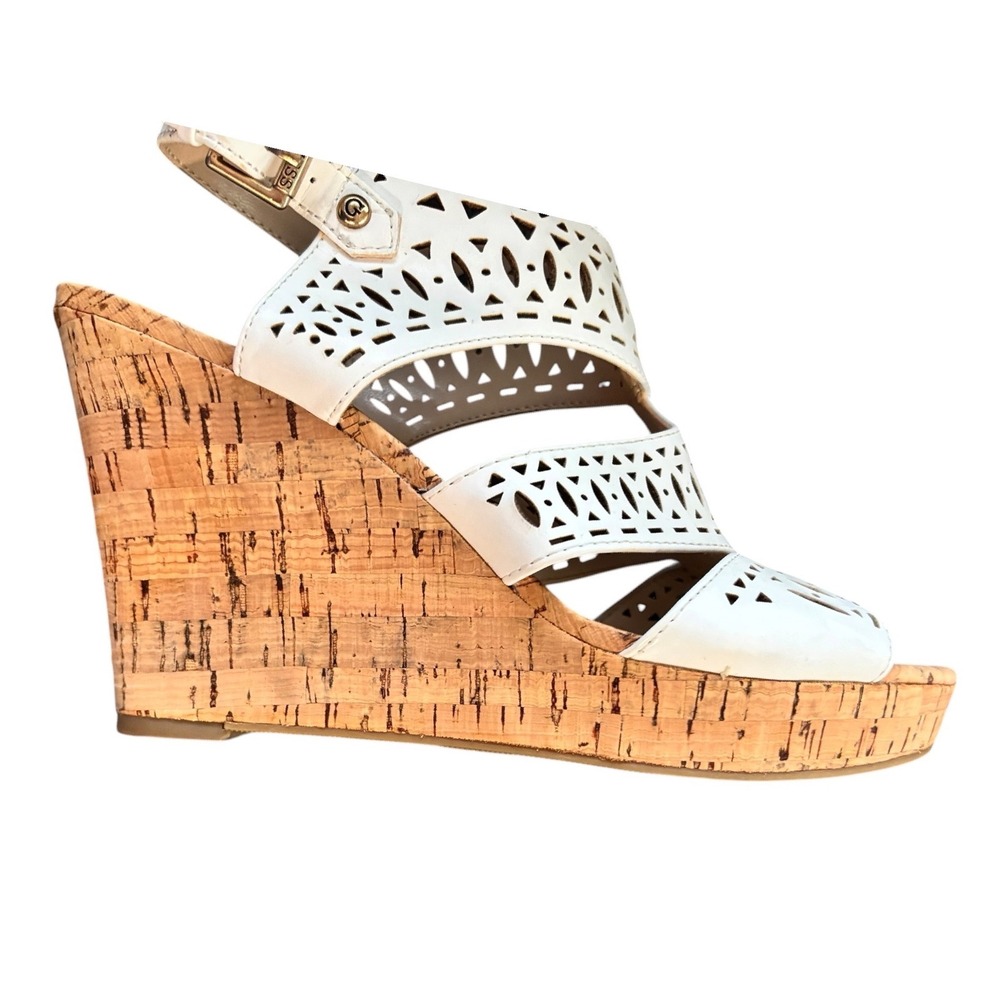Guess Jacalyn-R White Laser Cut Cork Wedge Sandals Womens 9M WG-JACALYN-R Boho
